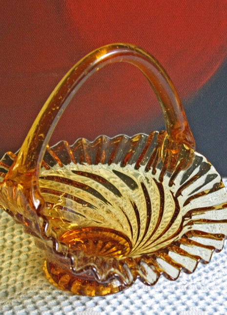 Depression Amber Glass Basket with Ruffled Rim