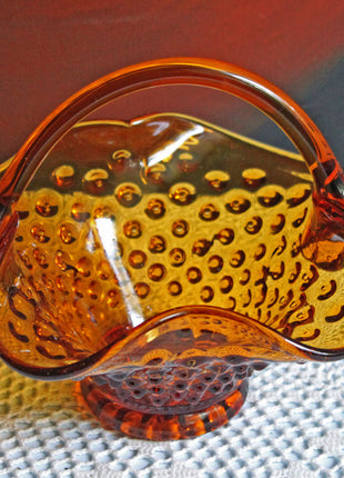 Depression Amber Glass Basket with Ruffled Rim & Hobnail Pattern