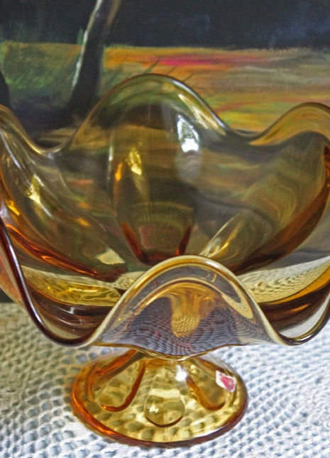 Candy Bowl.  Amber Glass Footed Bowl. Bowl or Compote with Scalloped Rim and Ornate Foot. Glass Art Home Decor.