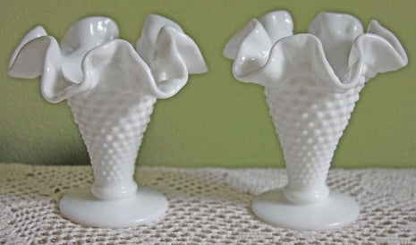2 Fenton Milk Glass Vases with Graded Hobnail Pattern