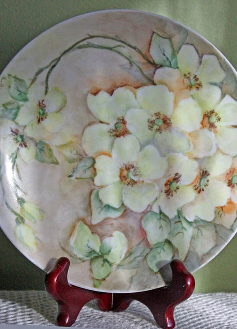 Decorataive Plate by Buckmaster, Bavaria. Hand Painted Plate with Cherry Blossom. Signed by Artist. Porcelain Plate with White Flowers.