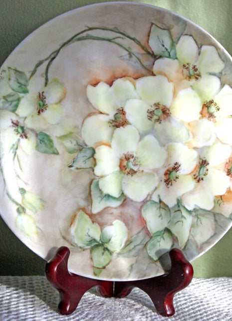 Decorataive Plate by Buckmaster, Bavaria. Hand Painted Plate with Cherry Blossom. Signed by Artist. Porcelain Plate with White Flowers.