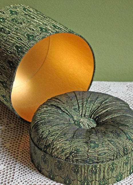 Lidded Sewing Box Lined with Gold Green Fabric.  Functional / Decorative Box with Puffy Cover.