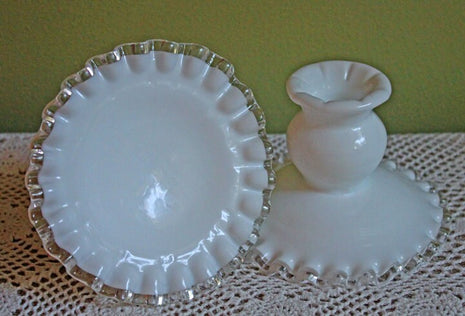 Pair of Fenton Milk Glass Candle Stick Holders with Silvercrest Pattern
