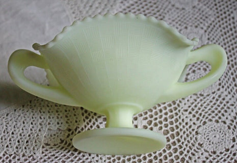 Fenton Custard Milk Glass Bowl with Handles and Scalloped Edge. Yellow Milk Glass Footed Square Bowl with Embossed Fruit.