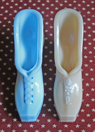 2 Westmoreland Pink & Blue Milk Glass Boot Figurines or Tooth Pick Holders