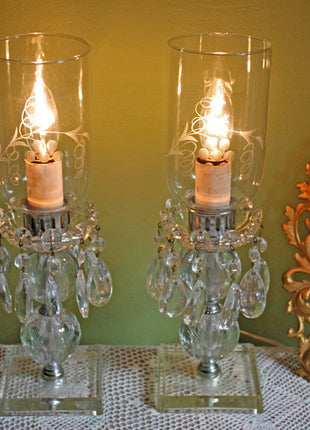 Crystal Lamp with Dangling Drops, Etched Base and Cloche
