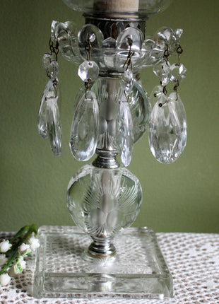 Crystal Lamp with Dangling Drops, Etched Base and Cloche