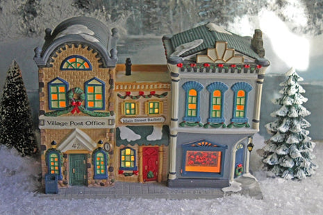 Christmas Decoration by St. Nicholas Square. Post Office, Barber Shop, and Art Gallery. Large Hand Painted Porcelain House with Light Kit.