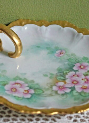 Lemon Serving Plate with Golden Handle, Scalloped Rim, Hand Painted Wild Roses
