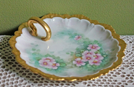 Lemon Serving Plate with Golden Handle, Scalloped Rim, Hand Painted Wild Roses