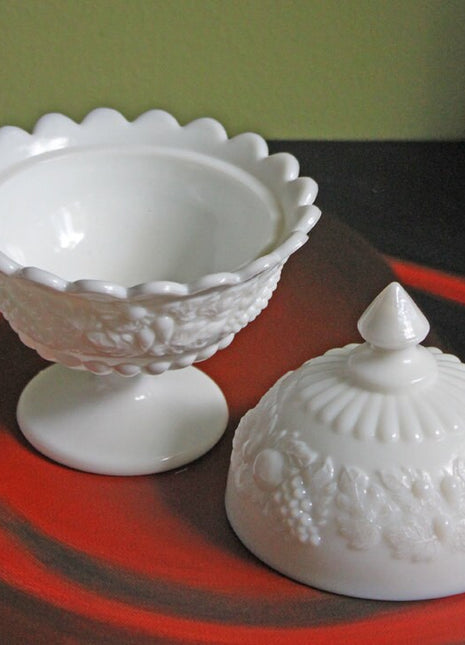 Westmoreland Footed Bowl or Box with Lid. Milk Glass Trinket Bowl with Embossed Fruit. Collectible Milk Glass Display Dish.