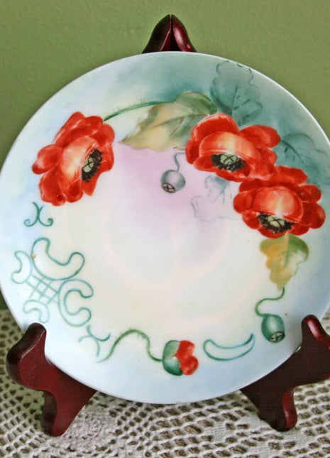 Plate Made in Bavaria by Thomas. Antique Small Plate with Hand Painted Red Poppies. Sevres Pattern Plate Signed by Artist, M. Fischer.