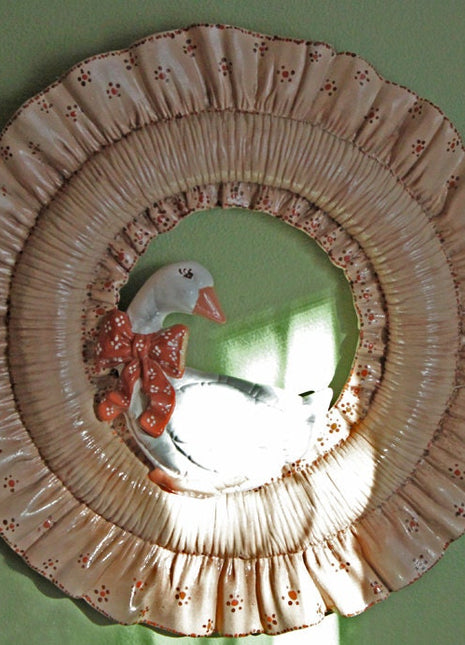 Ceramic Wreath with Goose in Center.  Ceramic Wreath with Ceramic Ruffles. Hand Made Folk Decoration for Kitchen, Wreath for Sunroom.