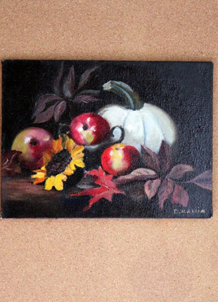 Still Life Original Oil Painting of Gourd, Apples, Sunflower & Leaves