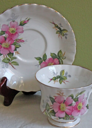Royal Albert Teacup with Saucer. Tea Set with Hand Painted Prairie Rose. Cup with Intricate Handle and Scalloped Saucer Made in England.