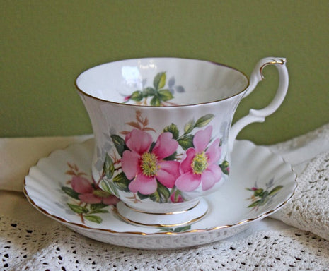 Royal Albert Teacup with Saucer. Tea Set with Hand Painted Prairie Rose. Cup with Intricate Handle and Scalloped Saucer Made in England.