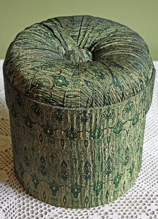 Lidded Sewing Box Lined with Gold Green Fabric.  Functional / Decorative Box with Puffy Cover.