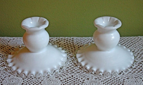 Pair of Fenton Milk Glass Candle Stick Holders with Silvercrest Pattern