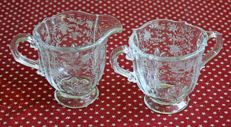 Fostoria Glass Creamer & Sugar Bowl - Chintz Etch Baroque Pattern