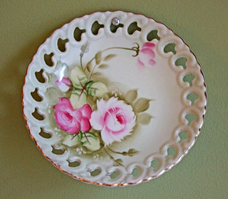 4 Lefton Porcelain Plates for Wall Hanging - Reticulated Rim & Hand Painted Roses