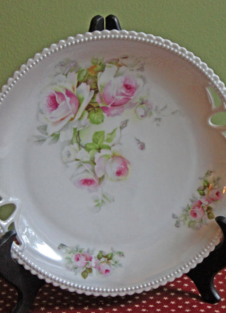 Antique Decorative Platter with Handles - European Porcelain Pink Roses