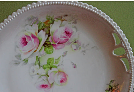 Antique Decorative Platter with Handles - European Porcelain Pink Roses