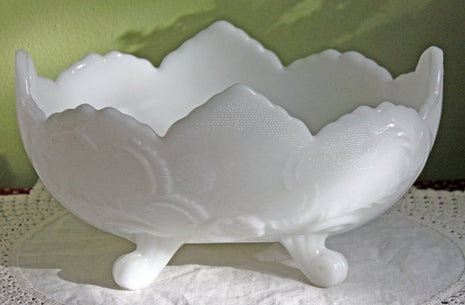 Milk Glass Large Oval Bowl. Footed Bowl with Scalloped Rim, Trinket Bowl, Flower Arrangement Dish or Planter. Ornate Oval Bowl.