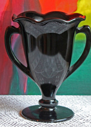 Amethyst Glass Vase Shaped as Amphora. Black Glass Pedestal Vase with Handles. Collectible Black Glass Dish.