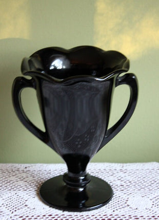 Amethyst Glass Vase Shaped as Amphora. Black Glass Pedestal Vase with Handles. Collectible Black Glass Dish.