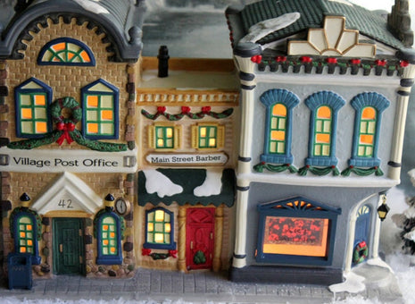 Christmas Decoration by St. Nicholas Square. Post Office, Barber Shop, and Art Gallery. Large Hand Painted Porcelain House with Light Kit.