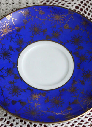 Antique Bavarian Cup , Saucer , Dessert Plate. Ebenthal Gold Pattern over Cobalt Blue Background , 2642.