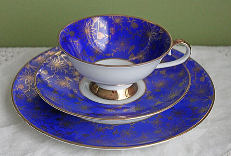 Antique Bavarian Cup , Saucer , Dessert Plate. Ebenthal Gold Pattern over Cobalt Blue Background , 2642.