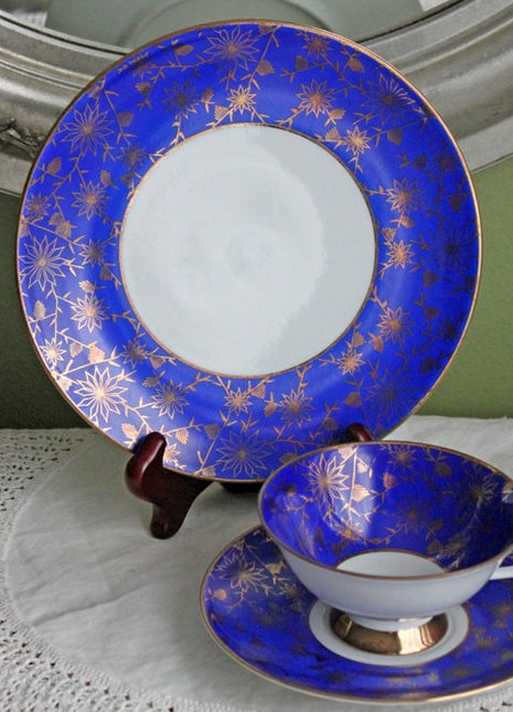 Antique Bavarian Cup , Saucer , Dessert Plate. Ebenthal Gold Pattern over Cobalt Blue Background , 2642.