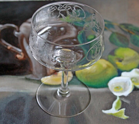 Vintage Champagne Glasses with Etched Fuchsia Flowers. Set of Eleven Fine Bar Ware. Fuchsia Pattern. Thin Glass and Stem Glasses.