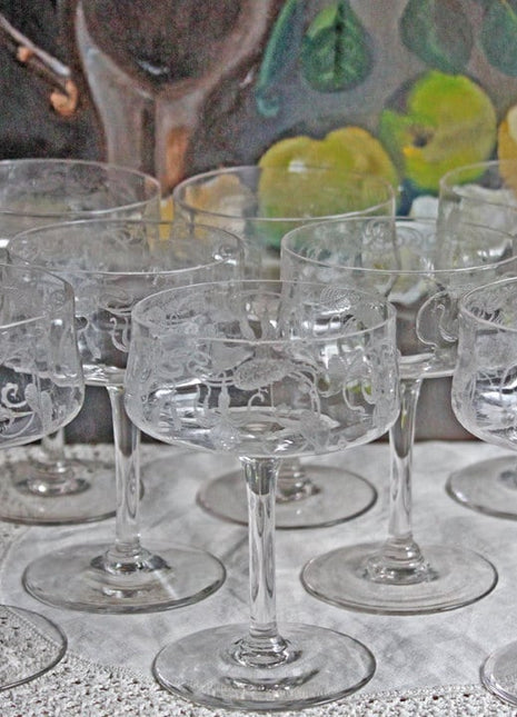 Vintage Champagne Glasses with Etched Fuchsia Flowers. Set of Eleven Fine Bar Ware. Fuchsia Pattern. Thin Glass and Stem Glasses.