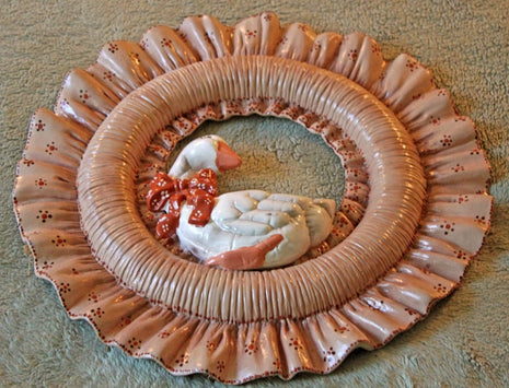 Ceramic Wreath with Goose in Center.  Ceramic Wreath with Ceramic Ruffles. Hand Made Folk Decoration for Kitchen, Wreath for Sunroom.