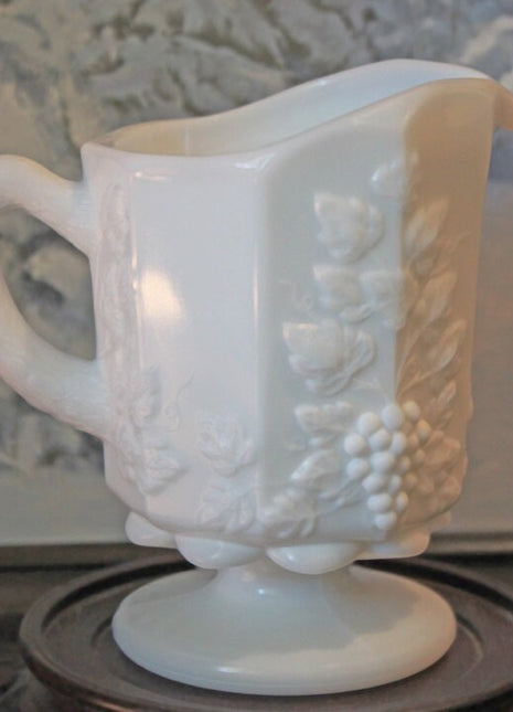 Westmoreland Milk Glass Creamer. Pitcher with Embossed Leaves and Grapes Pattern. Hand Made Westmoreland Footed Creamer with Grapes Decor.