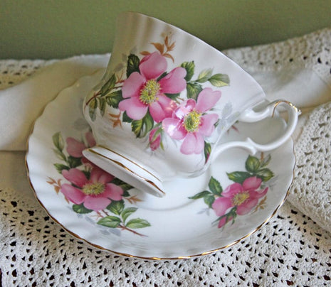 Royal Albert Teacup with Saucer. Tea Set with Hand Painted Prairie Rose. Cup with Intricate Handle and Scalloped Saucer Made in England.