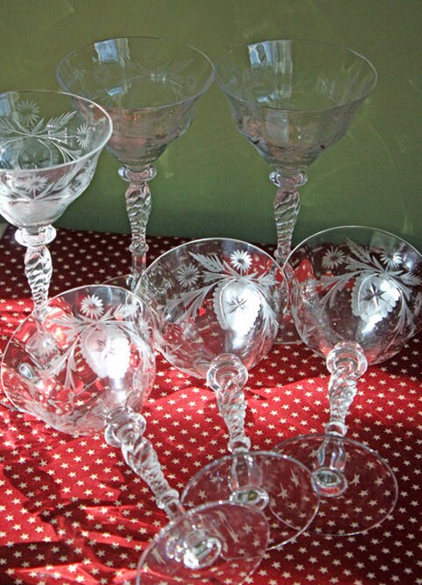 Six Antique Cut Crystal Wine Glasses - Floral Medallion Pattern