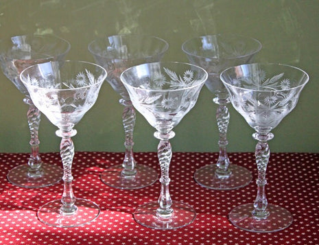 Six Antique Cut Crystal Wine Glasses - Floral Medallion Pattern