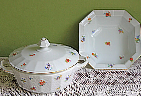 Lidded Tureen and Bowl Set.  Octagonal Floral Pattern Bowls.