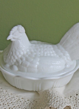 Milk Glass Butter Dishes / Westmoreland Bowl / Nesting Hen with Red Painted Head / Set of Two Trinket Bowls with Nesting Hen on Lid.