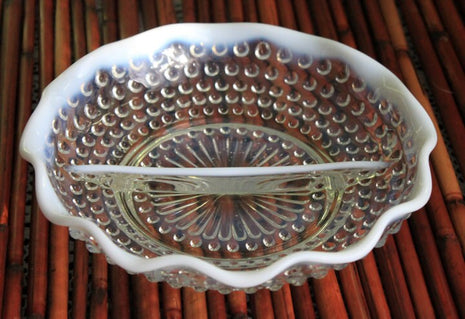 Anchor Hocking Moonstone Divided Bowl. Milk Glass and Clear Glass Hobnail Pattern Shallow Serving Bowl.
