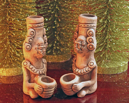 Guatemalan Art Clay Figurines or Candle Holders