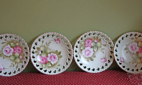 4 Lefton Porcelain Plates for Wall Hanging - Reticulated Rim & Hand Painted Roses