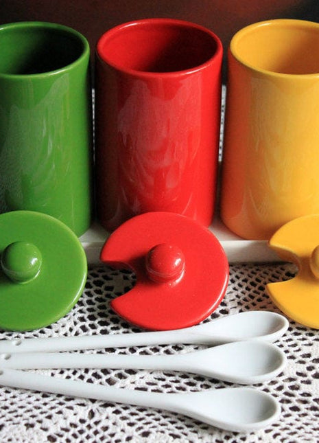 Condiment Jars with Lids , Spoons , and Tray. Containers for Serving Jam, Honey , or Ketchup. Modern Porcelain Kitchen Containers on Tray.