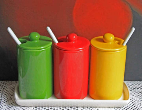 Condiment Jars with Lids , Spoons , and Tray. Containers for Serving Jam, Honey , or Ketchup. Modern Porcelain Kitchen Containers on Tray.