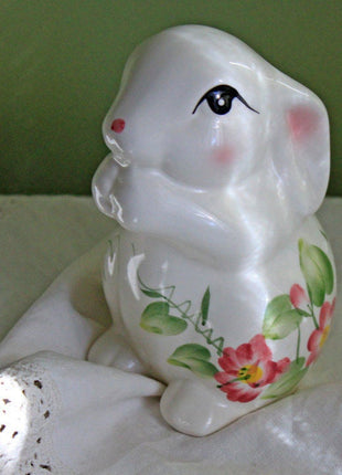 Hand Painted Bunny Rabbit with Flowers Figurine by Sadek