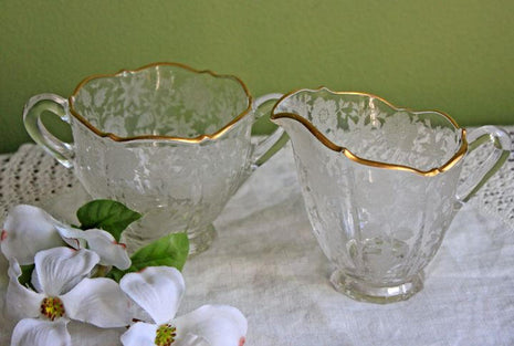 Fostoria Glass Creamer & Sugar Bowl - Chintz Etching Baroque Pattern, Gilded Rims
